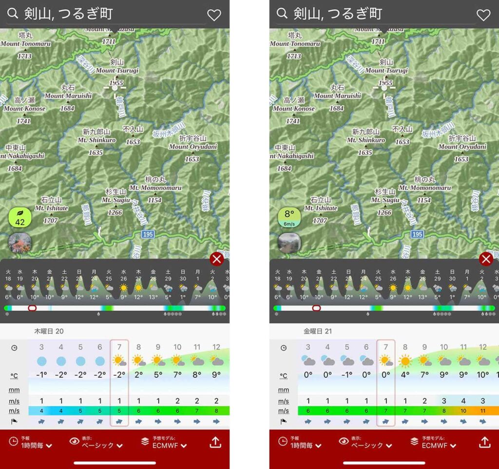 Windy.comで調べたつるぎ山の気象状況
